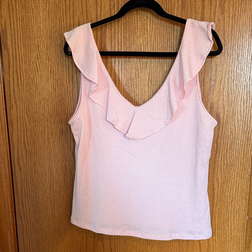 Joe Fresh Light Pink Ruffle V-Neck Tank Top